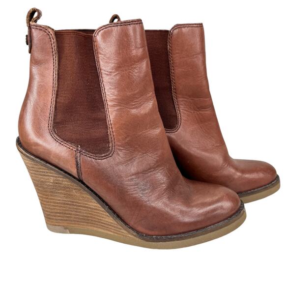 Lucky Brand Fedora Brown Leather Wedge Ankle Boots Booties 6.5 - Picture 3 of 11